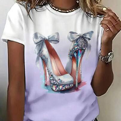 1 pcsCamiseta estampada con diseño Zapatillas, manga corta cuello redondo, top casual para verano y primavera, ropa de mujer180g 100% Cotton