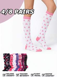 4/8 Pares de Meias de Compressão com Laço Rosa para Mulheres e Homens, Melhor Suporte para Esportes, Corrida, Ciclismo, Viagens de Avião, Presente para Namorada, Mãe, Avó, Professor, Dia dos Namorados - Multicolorido - Visão 2