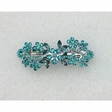 Gorgeous Teal Rhinestone Crystal Flower Hair Barrette Clip - MalibuBlue - Xem 3