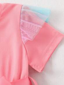 Young Girl' Fashionable Casual Elegant Sweet Cute Unicorn Print Round Neck Cap Sleeve Ruffle Mesh Dress, Summer - Pink - View 5