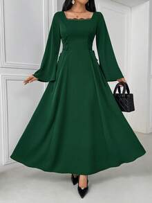 Elegant Apricot A-Line Cinched Waist Flare Sleeve Dress Maxi Satin Women Outfit Fall Cloth For Women, Spring/Summer - Dark Green - View 3