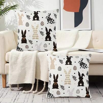 2PCS Easter Outdoor Bunny Pillowcase, Black And White Polka Dot Bunny Egg Pillowcase, Farmhouse-Style Holiday Sofa Home Decor Cushion Cover, Single-Sided, Pillow Insert Not Included