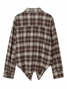 Women's Plaid Ruffle Hem Long Sleeve Casual Side Slit Hem Shirt, Autumn Spring - Dusty Purple - View 8