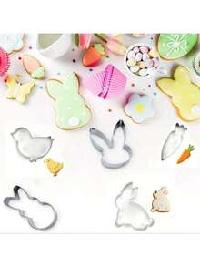 5pcs Large Stainless Steel Easter Bunny Series Cookie Cutters, Including Rabbit, Carrot, Egg, Chick, 5pcs Baking Molds, Cookie Cutters, Ideal For Bread, Cake, Fondant Making, Reusable - Silver - View 5