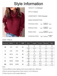 Women's Loose High Neck Sweater, Casual & Formal Ribbed Knit Button Up Long Sleeve Pullover - Red - View 6