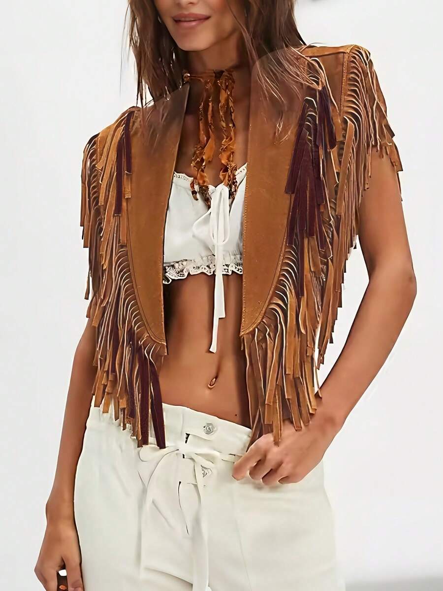 elfnokto Women's Western Cowgirl Style Solid Color Fringe Patchwork Poncho Jacket Vacation Brown Fall - Brown - View 1