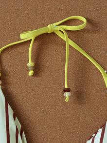 女士黄色条纹比基尼度假风挂脖系带性感两件式泳衣套装，沙滩夏春套装（2026），女士生日装，女士健身服，女士优雅连衣裙，女士度假装，外出上衣 - 彩色 - 查看 4