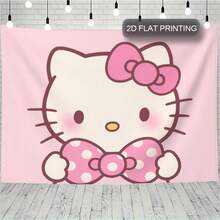 SANRIO 1 bức tranh Hello Kitty được trang trí bằng nơ hồng và họa tiết chấm bi, làm từ sợi polyester, trên nền hình mây và quả cầu, lý tưởng để trang trí tường trong nhà và ngoài trời. - Nhiều màu - Xem 4