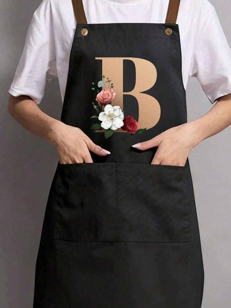 Fun Adjustable Shoulder Straps Apron With Practical Pockets,Personalized Floral Letter A-Z Print, Unisex, Heavy-Duty Bib Straps With Adjustable Neck And Waist Ties, Large Pockets,Washable,Stain-Resistant Kitchen Apron, Hairdresser, Gardener, Chef, Professional Beauty School - A - View 1