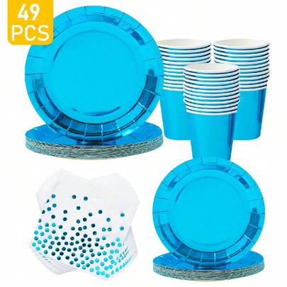 Zestaw jednorazowych przyborów imprezowych dla 8 osób, zawiera papierowe talerzyki, serwetki i kubki w kolorze pawiego błękitu, odpowiedni na urodziny, wesele, imprezę tematyczną, piknik rodzinny