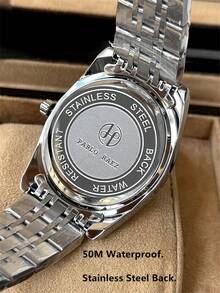 Pablo Raez 1pc Large Men's Watch High Quality AAA Popular Original Charming Classic Stainless Steel Men's Watch Silver Jewelry Top New Luxury Solid Steel Heavy Bracelet Chain 50M Waterproof Real Nail Scale With Calendar Display Clock Men's Fashion Quartz Watch Arabic Numerals Black High-End Business Watch Teacher Gift Time Father Or Male Friend Birthday Graduation Wedding Gift - Silver - View 8