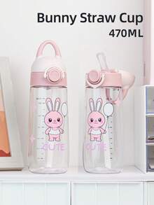 1個 470ML/560ML 可愛卡通吸管兒童杯，簡約學生水壺，可鎖定防漏耐用附手柄，適合日常使用 - 萌兔粉色 - 查看 10