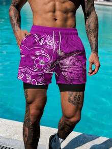 男士海洋生物印花抽绳腰双层沙滩短裤 - 彩色 - 查看 2