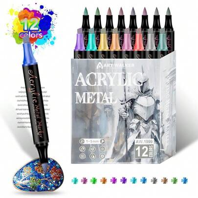 12/24 Colors Dual-Tip Acrylic Metallic Marker Pens, Two Nib Styles For Metallic Luster, Rich Color Layers, Large Capacity . Versatile Dual-Tip Design For Easy Switching, Suitable For Shoes, Glass, Metal, Cards, Stones, Paper Art Creation With Vibrant Colors