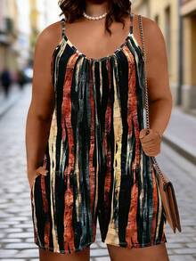 Cami-Mono de verano con impresión de cepillo para tallas grandes - Negro - Ver 3