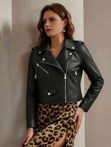 Women's Autumn/Winter Simple Versatile Faux Leather Jacket, Short Motorcycle Jacket - Black - View 3