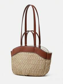 女士大容量帆布手提袋，新款时尚跨境帆布手提袋，时尚购物袋 - 棕色 - 查看 2