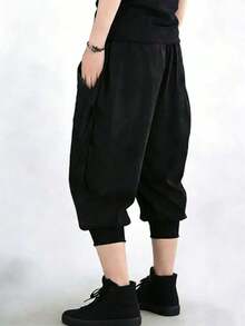 男士黑色宽松哈伦裤，高腰抽绳七分裤，轻便休闲街头风宽松灯笼裤 - 黑色 - 查看 3