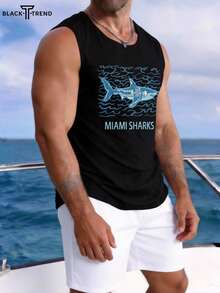 Áo tank top nam in hình cá mập Miami Beach, thích hợp cho du lịch mùa hè. - màu đen - Xem 2
