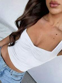 Women's Basic Cropped Blouse In Spandex Fabric, Fitted And Comfortable, Casual Or Stylish Look, Simple And Elegant, Wrinkled Knit Fabric - 白色 - 查看 3