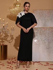 New Elegant 3D Floral Decor Black & White Contrast Long Sleeve Cape Dress, Graceful Formal Gown For Wedding Guest, Bridesmaid, Party, Evening Occasion - Black - View 3