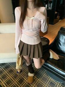 精致蕾丝边长袖T恤，优雅百搭的休闲粉色春季款 - 粉色 - 查看 4