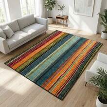 1pc 850g/㎡ Golden Diamond Velvet Pile Area Rug, Featuring Embossed Backing And Minimalist Bohemian-Style Rainbow Striped Pattern, Adding Modern And Artistic Accents To Living Room, Study, Entryway And Indoor Spaces. - Multicolor - View 13