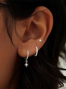 3pcs 925 Sterling Silver Dangle Huggie Earrings For Women 18K White Gold Plated Stud Earrings For Women, Hypoallergenic Cartilage Earrings For Multiple Piercing, Dainty Stackable Earrings Jewelry Set - 銀色 - 查看 3