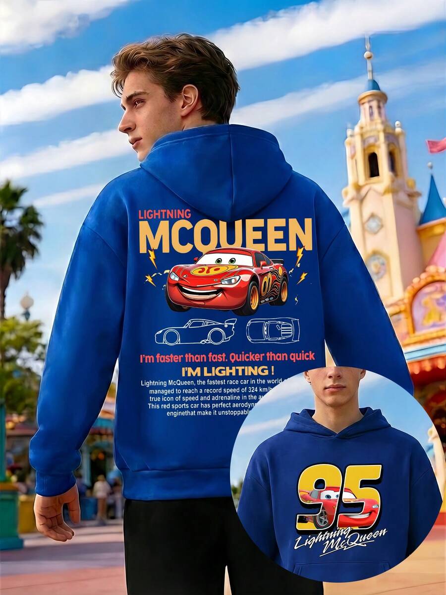 Men's Hoodie And Sweatpants Set, Disney Cars McQueen Pattern And McQueen And 95 Letter Print, Casual Suit, Sportswear, Comfortable Men's Hoodie And Sweatpants Two-Piece Set, A Gift For Men. - Màu xanh lam - Xem 1