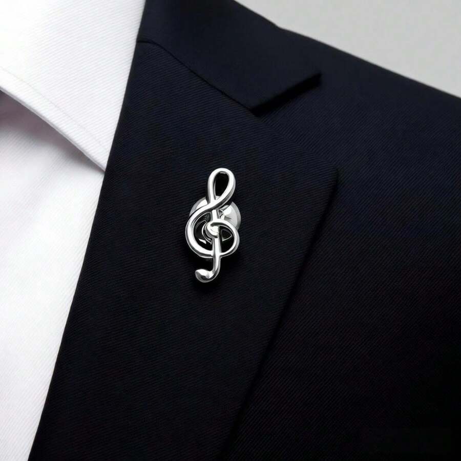 1pc Music Note Casual Copper Brooch, Suit Shirt Collar Sweater Accessory - Silver - View 1