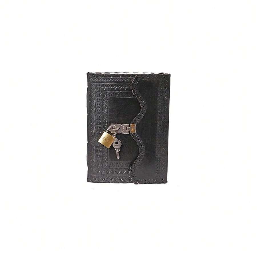 Leather Diary Journal With Lock Notepad Writing Book With Lock & Key Handmade Papers Designed For Home & Office, Vintage Antique Style Organizer Blank Notebook (Black) - Black - View 1