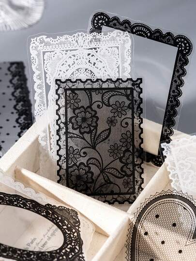 100张/包 复古黑白经典蕾丝贴纸，适用于剪贴簿、DIY手工、相册、杂志装饰