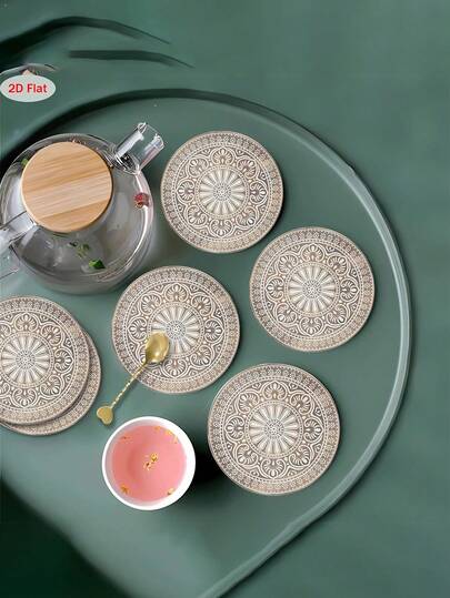 2D Flat Coasters, 6-Piece Set With Metal-Patterned Wooden Base Fits Most Cup Sizes, Ideal For Coffee Mugs; Perfect For Bars, Private Gatherings, Cafes, Offices, And More. Elevates Home Decor While Blending Practicality With Refined Aesthetics-A Thoughtful Housewarming Gift. Kitchenware, Furniture, Coasters, Heat-Resistant Mats