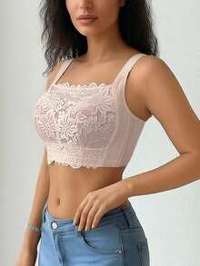 女士法式浪漫蕾丝性感抹胸文胸，全罩杯钢圈文胸，四季皆宜 - 粉色 - 查看 3