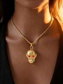 1pc Punk Personalized Men Red Eyes 3D Skull Stainless Steel Pendant Necklace Hip Hop Street Style Daily Party Wear - Red - View 4