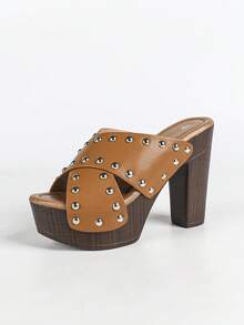 2026 Summer New High Heel Sandals Women Waterproof Platform Thick Heel Slip-On Criss-Cross Strap Open Toe Thick Bottom Sandals - Brown - View 15