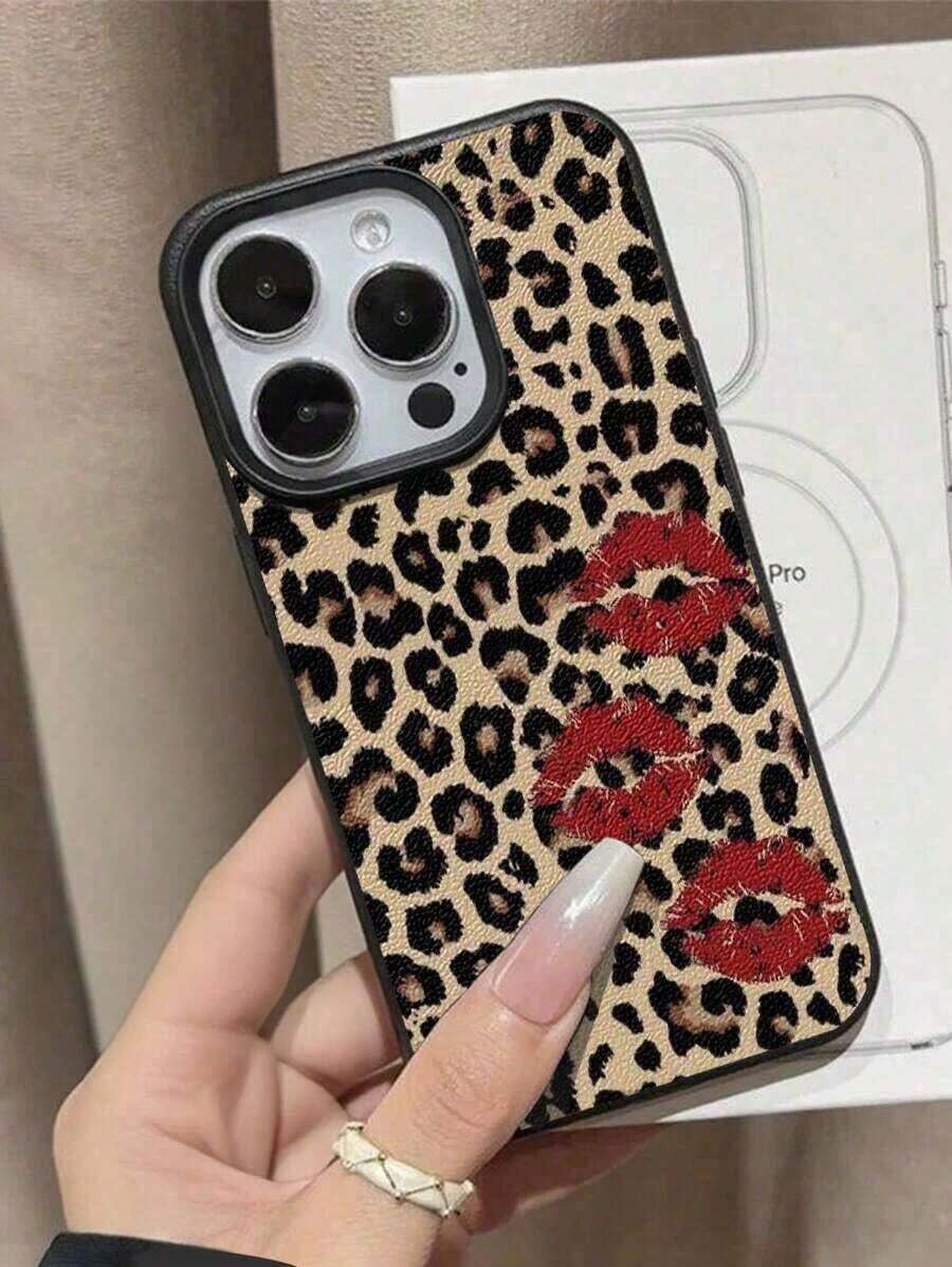 1pc Cute Vintage Leopard Cherry Heart Pattern Textured Soft Anti-Drop Anti-Skid Protective Phone Case, Compatible With Apple And Smartphonesfunda Para Phone,Apple16,Cover De Phone,Cell Phone Case,Funda Para Apple 17 Pro - Màu hỗn hợp - Xem 1