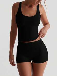 XLLAIS Stretch Micro Ribbed Tank Top 2025 Slim Fit Casual Holiday Wide Strap U Neck White Top For Women Four Seasons Wear Black - Black - View 1