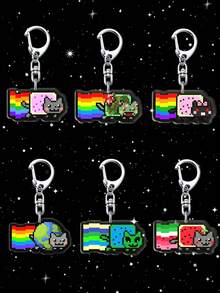 1/6个亚克力彩虹猫钥匙扣，可爱猫咪钥匙扣，萌萌卡通包包挂件，狗狗币，僵尸，小马，美国国旗彩虹包包挂饰，精致小礼物，圣诞礼物 - 彩色 - 查看 1