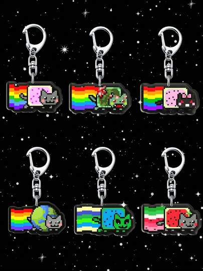 1/6个亚克力彩虹猫钥匙扣，可爱猫咪钥匙扣，萌萌卡通包包挂件，狗狗币，僵尸，小马，美国国旗彩虹包包挂饰，精致小礼物，圣诞礼物