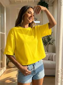 Blusa de mujer de corte holgado, cuello redondo, manga corta, casual, adecuada para primavera y verano, con estilo minimalista, elegante y sexy Y2K, apta para uso diario, oficina, hogar y exteriores, color negro - Amarillo - Ver 6