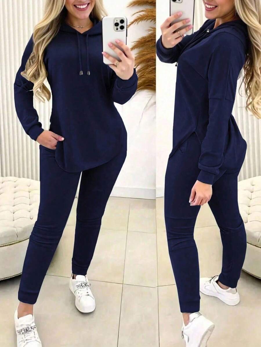2pcs/Set Women Solid Color Drawstring Hooded Long Sleeve Top And Pants Casual Suit, Spring Fall Cloth For Women - Màu xanh dương *Kiểu dáng thể thao mùa xuân - Xem 1