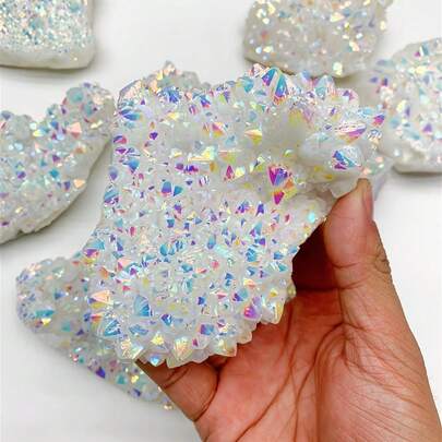 One Beautiful Angel Aura Quartz Geode, A Cluster Of Angel Aura Quartz, A Rainbow Crystal Geode, Perfect For Home Decoration And As A Housewarming Present