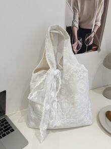 韩版清新蕾丝花卉帆布包，女士新款大容量单肩手提包，通勤腋下包 - 白色 - 查看 9