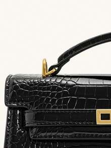 1 件时尚百搭纯色 PU 皮革手提包，女士新款鳄鱼纹压花高端托特单肩斜挎包 - 黑色 - 查看 5