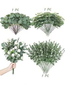 3/30/60/120片混合桉树叶和枝条，散装人造银元桉树叶，干桉树枝束，花瓶填充物，婚礼装饰 - 綠色 - 查看 12