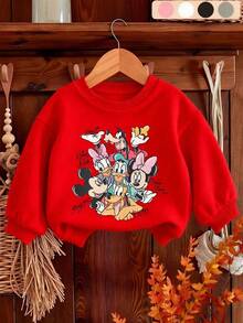 Disney Girls' Mickey Mouse And Friends Alphabet Print Double-Sided Hoodie Fall/Winter Kids' Crewneck Hoodie The Perfect Long-Sleeve Top For Girls' Everyday Play, Ideal For School Or Shopping Outings. - 紅色 - 查看 2