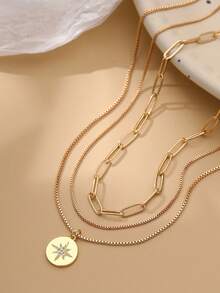 3pcs Cute & Unique Paper Clip Design Necklace With Shiny Round Pendant Inlaid Star Pattern, Women Jewelry Accessories - Yellow Gold - View 3