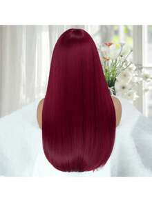 24英寸长直发酒红色合成假发，带刘海，适合日常派对佩戴，耐热纤维材质，高密度，适合上学、万圣节、感恩节、圣诞节、音乐节、狂欢节、新年等场合，可作为礼物赠送。 - 酒紅色 - 查看 4