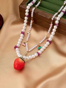 1 pieza Cadena de perlas dulces con colgante de cereza y fresa, adecuado para el uso diario de adolescentes - Blanco - Ver 6